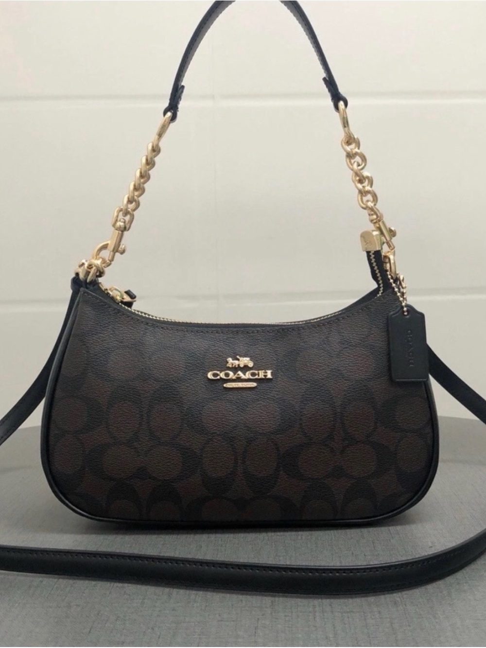 Coach Dark Brown Signature Canvas Shoulder Bag with Gold Hardware